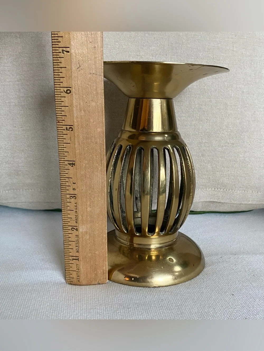 Vintage Brass Pillar Candle Holder Caged Slatted Design Hollywood Regency 6.5”